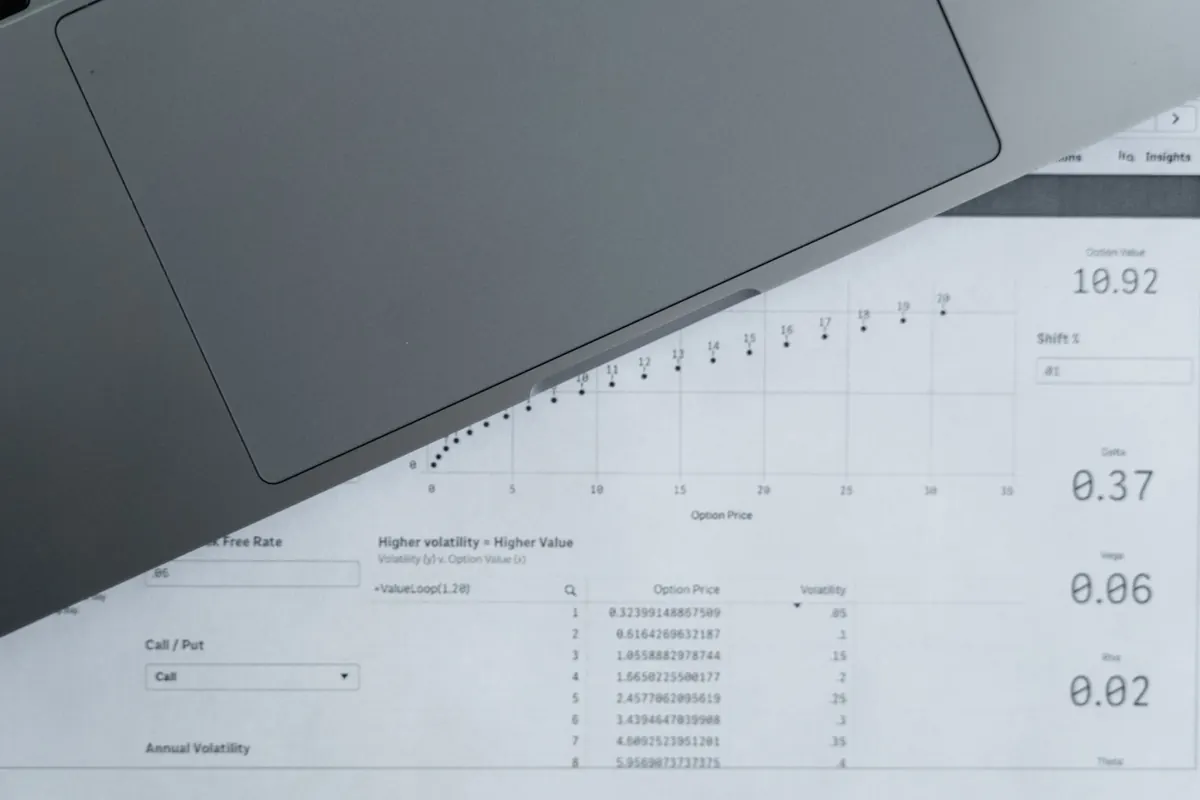 Business data printouts beside a laptop
